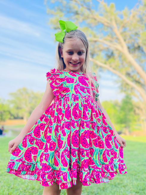 Girls Summer Watermelon Ruffle Twirl Dress with Matching Bow - Bowtism